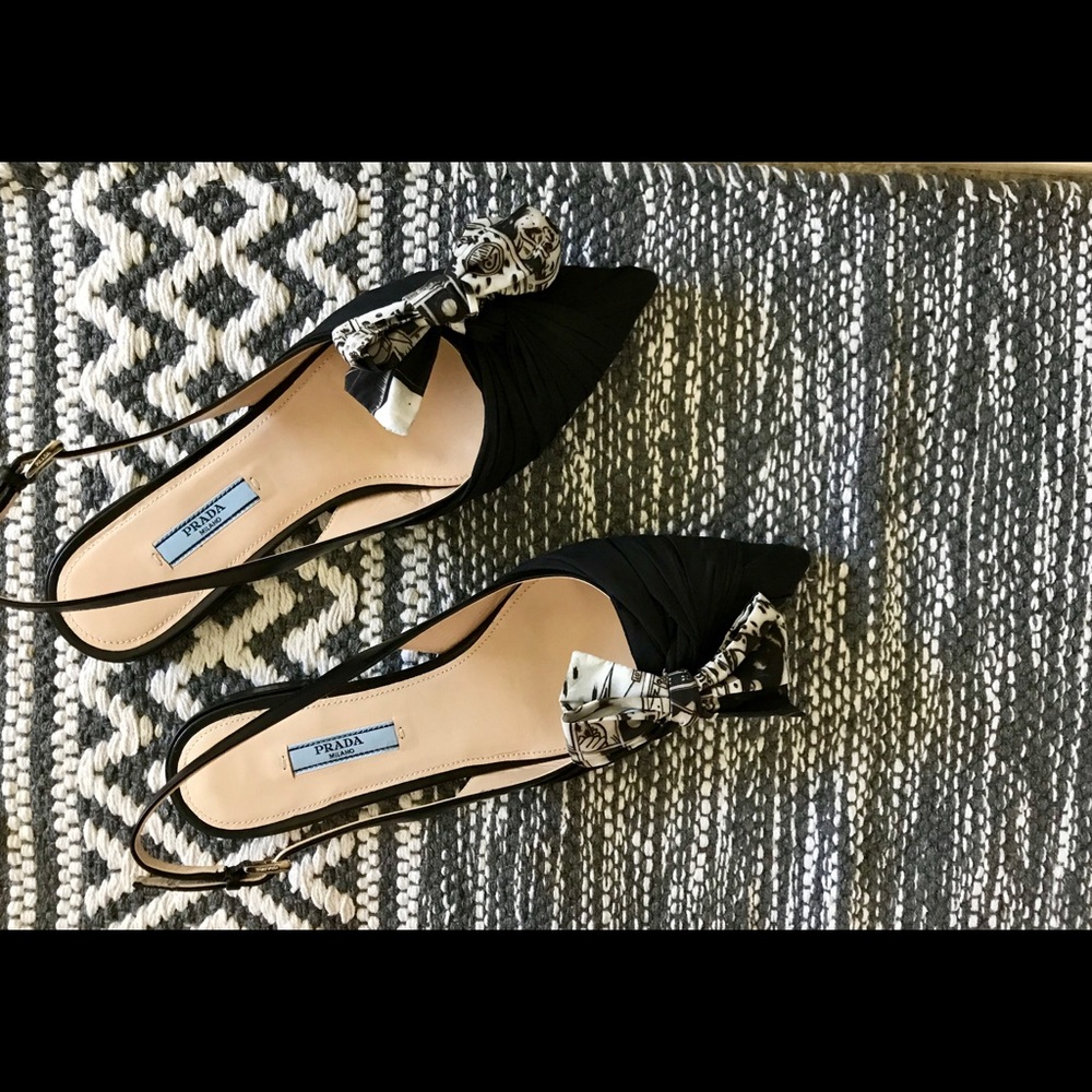 Prada Slingback Flat with Bow, Black, New